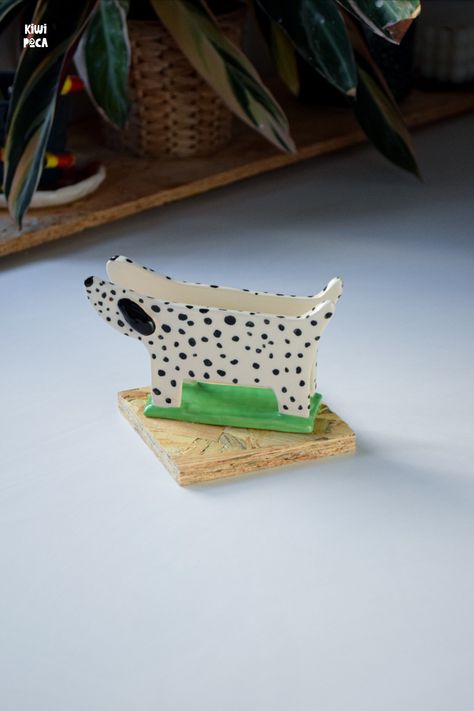 Introducing new napkin holder with dalmatian design. This is an one of a kind napkin dispenser. It is a work of art that is both fun, artistic and sophisticated. This item is perfect for your kitchen and table decoration. It's sure to brighten up your day and bring a smile to your face every time you use it! Whether you're treating yourself or looking for a unique and colorful gift for someone special, this ceramic dalmatian napkin holder is the perfect choice^^ Polymer Clay Napkin Holder, Napkin Holder Clay, Clay Napkin Holder, Napkin Holder Ideas, Napkin Holder Diy, Animal Ceramics, Diy Napkin Holder, Salt Holder, Ceramic Napkin Holder