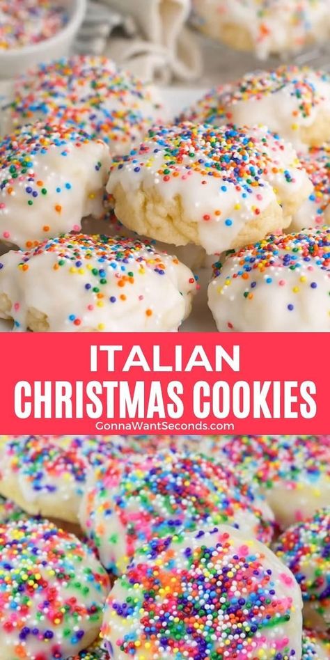 Our Classic Italian Christmas Cookies are tender, cakey, and not too sweet. Bakery quality- Nonna approved. Gorgeous on your Christmas cookie tray! Italian Anise Cookies, Cookies With Sprinkles, Xmas Desserts, Italian Christmas Cookies, Italian Cookie Recipes, Delicious Christmas Cookies, Easy Christmas Cookie Recipes, Cookies Easy, Italian Christmas