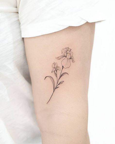 15 Breathtaking Iris Tattoo Designs For Lovely Ladies One Line Iris Tattoo, Small Iris Tattoos For Women, Simple Iris Flower Tattoo, Wild Iris Tattoo, Iris Flower Tattoo Design, Iris Hand Tattoo, J Flower Tattoo, Syringa Flower Tattoo, Iris Tattoo Fine Line