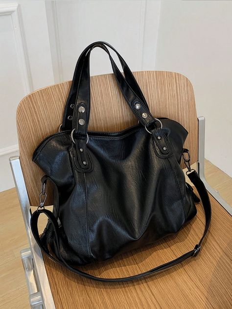 Black Fashionable Collar  PU Leather Plain Shoulder Tote Bag Embellished   Women Bags Duffel Bag Pattern, Uni Bag, Bags Cross, Everyday Handbag, Studded Bag, Pretty Bags, Travel Tote, Shoulder Tote Bag, Stylish Bag