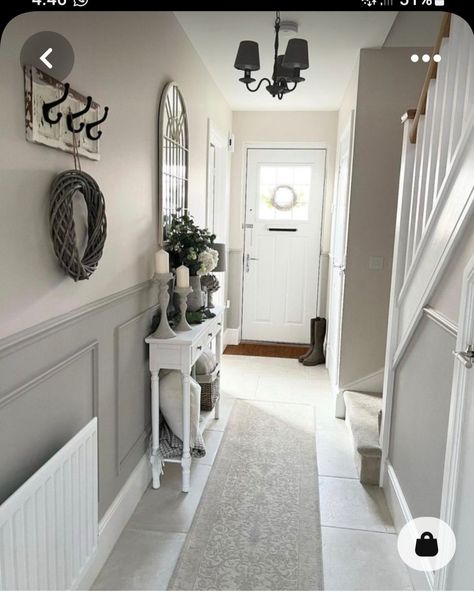 Grey Hallway Decor, Terrace House Hallway Ideas, Grey White Hallway, Hallway Ideas With Dado Rail, Hallway Ideas Neutral, Grey And White Hallway Ideas, Small Landing Ideas Upstairs, Grey And White Hallway, Light Gray Hallway