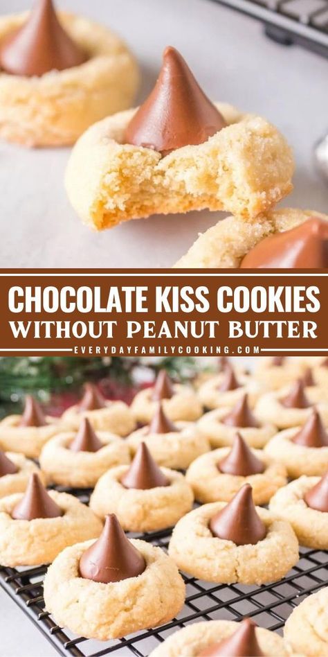 This simple dessert recipe lets you have the best chocolate kiss cookies with peanut butter! It starts with buttery shortbread cookies. Topped with a Hershey kiss, these blossom cookies are delicious. Enjoy this easy-to-make sweet treat! Sugar Cookies With Kisses On Top, Peanut Butter Chocolate Kiss Cookies, Shortbread Blossom Cookies, Sugar Kiss Cookies, Hershey Kiss Cookies No Peanut Butter, Cookie With Hershey Kiss In The Middle, Cookies With Hershey Kiss On Top, Hershey Kiss Thumbprint Cookies, Cookies With Chocolate Kisses