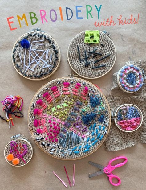 Family friendly and fuzzy embroidery with kids using a burlap, a hoop, and yarn. Preschool Sculpture Projects, Ahg Crafts, Diy With Kids, 4h Ideas, Embroidery Hoop Crafts, Homeschooling Resources, Creation Station, Boys Toys, Embroidered Art