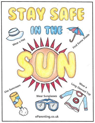 Free printable Sun Safety colouring picture. A free printable colouring picture for you to print - Stay Safe in the Sun Sun Safety Poster, Sun Safety Activities, Printable Sun, Safety Poster, Summer Safety, Camping Safety, Sun Safety, Printable Colouring, Safety Posters