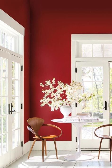 Caliente - rep aint red wall in living room Designer Paint Colors, Red Interior Design, Red Living, Red Details, Living Room Red, Interior Painting, Room Paint Colors, Red Rooms, Red Decor