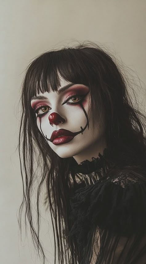 34 Clown Hairstyles: Fun and Frightening Ideas for Your Halloween Costume | LooksNiceOnMe Creepy Clown Halloween Costumes, Scary Horror Makeup Ideas, Fun Halloween Makeup Ideas, Scary Female Clown Makeup, Halloween Inspo Makeup, Dark Circus Makeup, Woman Clown Makeup, Creepy Ringmaster, Halloween Clown Makeup Scary