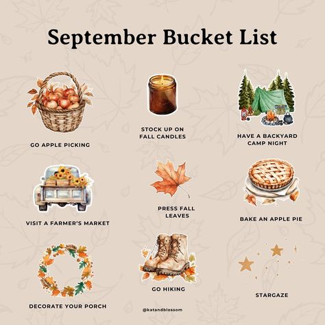 🍁☕️🧣What’s on your bucket list? 👉Follow @katandblossom . . . . . #cozyvibes #septembervibes #fallbucketlist #cozycore #cozygram #fallcozy #cozyautumn #cozypost #fallpost #bucketlistideas #bucketlistgoals #fallthings #fallfeels #fallcore #fallgram #september #septemberbucketlist #cozyliving #slowliving #fallseason #falltime #fallideas #itsfallyall #applepicking #campfires #falldecorating #fallporchdecor #pumpkincarving #pumpkinseason #cozyseason September Bucket List, Autumn Motivation, Backyard Camping, Fall Bucket List, Fall Decorations Porch, Pumpkin Seasoning, 2025 Vision, Fall Feels, Go Hiking