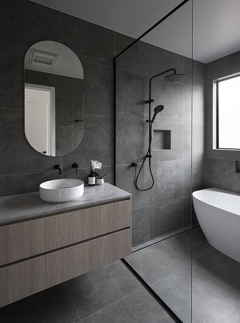 Dark Grey Tile Bathroom, Grey Bathrooms Designs, Bathroom Design Styles, Grey Bathroom Tiles, Dark Bathrooms, Bathroom Paint, Bathroom Inspiration Modern, Gray Wall, Vanity Design