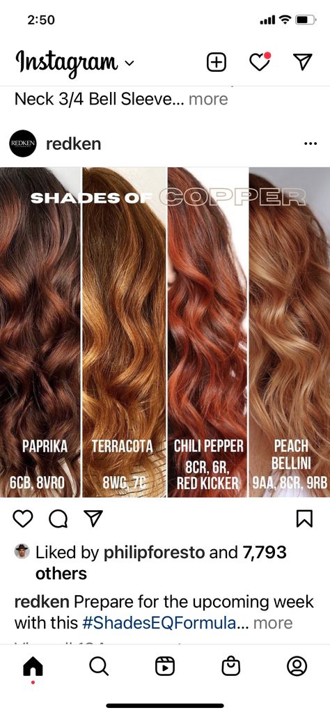 Copper Balayage Shades Eq, Copper Balayage Redken Formula, Copper Red Color Formulas, Peach Bellini Hair Color, Redken Shades Eq Formula Copper, Red Vs Copper Hair, Copper Hair Color Redken, Cooper Shades Eq Formula, Ginger Formula Hair