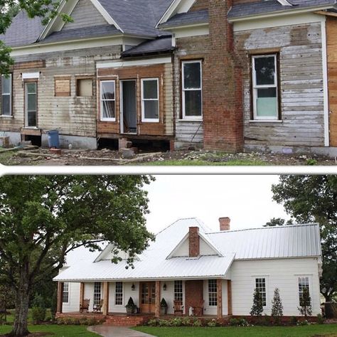 Fixer Upper before and after farmhouse - dream - front porch! Farmhouse Remodel Before And After, Stile Joanna Gaines, Exterior Remodel Before And After, Fixer Upper Exterior, Joanna Gaines Farmhouse, Ranch House Remodel, Exterior House Remodel, Farmhouse Renovation, Home Exterior Makeover