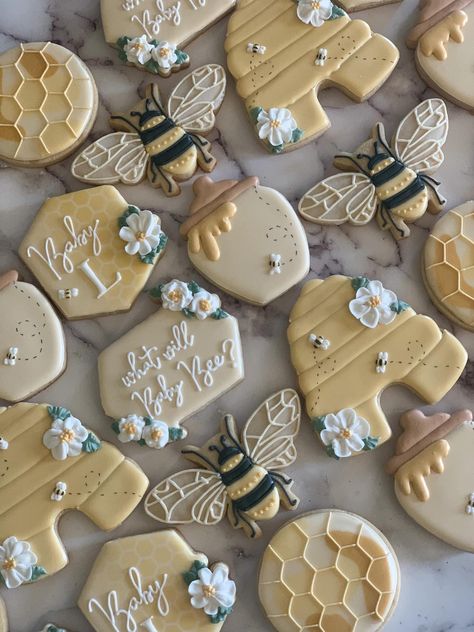 Honey Pot Cookies Decorated, Honey Bee Is Three, Mama To Bee Cookies, Bee Themed Sugar Cookies, What Will It Bee Gender Reveal Cookies, Honey Bee Cookies Decorated, What Will Baby Bee Cookies, Honey Pot Cookies, Honey Themed Gender Reveal