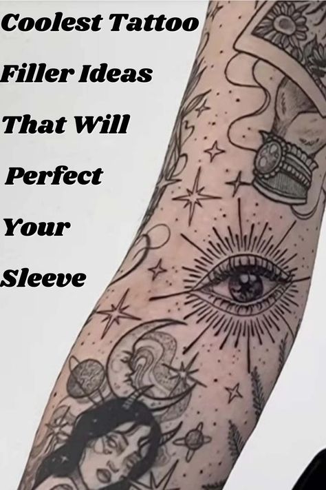 Coolest Tattoo Filler Ideas That Will Perfect Your Sleeve - Tattoo Glee Patchwork, Women Tattoo Fillers, Star Gap Filler Tattoo, Star Sleeve Filler, Best Filler Tattoos, Filler For Sleeve Tattoo For Women, Gap Filler Tattoo Ideas Women, Back Filler Tattoo Women, Traditional Tattoo Sleeve Filler Ideas