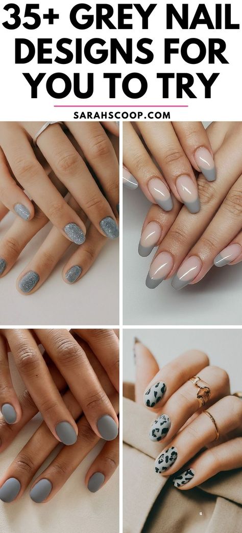 Explore your stylish side with these 35+ unique and elegant grey nail designs! #Nails #NailArt #NailDesigns Classy Gray Nails, Nail Art On Grey Nail Paint, Grey And Pink Fall Nails, Grey Nail Tips, Grey And Gold Nail Designs, Gray Nails Ideas Classy, Gray Nails With Design Ideas, Black And Gray Nails Ideas, Short Grey Nails Ideas