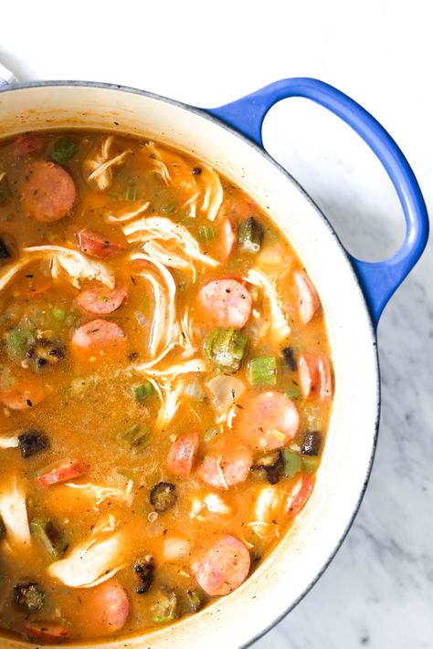 Whole30 Chicken and Sausage Gumbo Chicken Gumbo Recipe, Andouille Sausage Gumbo, Gumbo Recipe Sausage, Defined Dish, Southern Chicken, Chicken Gumbo, Chicken And Sausage, Whole30 Chicken, Sausage Gumbo