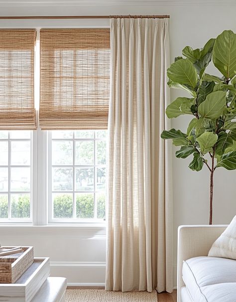 ✨ The secret to a neutral home makeover? Bamboo shades + linen curtains = the ultimate combo for a chic, high-end vibe! 🌿🪟  🎉 Start the year with style: New Year, New Curtains from IXA Curtains. Transform your space into a guest-favorite retreat. 💫  Tap to explore the must-have look for 2025! 🛒 #NeutralHome #IXACurtains #LivingRoomGoals Bamboo Curtains Living Room, Curtains With Bamboo Blinds, Cellular Shades Living Room, Living Room Curtains Ideas With Blinds, Bamboo Shades With Curtains, Bamboo Blinds With Curtains, Light Curtains Living Room, Curtains And Blinds Together, Living Room Patio Doors