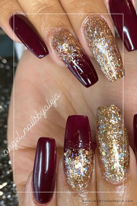 Burgundy and Gold Glitter Nails Burgundy Formal Nails, Gold And Wine Nails, Wine Red Nails Designs Gold Glitter, Red Gold Ombre Nails, Deep Red And Gold Nails, Maroon And Gold Nails Design, Dark Burgundy Nails Designs, Garnet Nails Designs, Burgundy And Gold Nails Acrylic