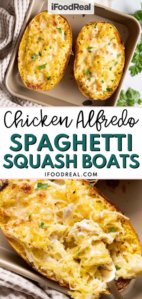 These Chicken Alfredo Spaghetti Squash Boats are a delicious low carb dinner that’s easy to make for any night of the week! They’re gluten-free and filled with rich and creamy flavor. It’s a great low carb comfort food! Try it today and I can promise you that you’ll love this spaghetti squash. Chicken Alfredo Stuffed Spaghetti Squash, Chicken Alfredo Spaghetti Squash Recipes, Cajun Chicken Spaghetti Squash, Spaghetti Squash Alfredo Chicken, Chicken Parm Stuffed Spaghetti Squash, Ground Chicken And Spaghetti Squash, What To Eat With Spaghetti Squash, Creamy Chicken Spaghetti Squash, Chicken Parmesan Spaghetti Squash