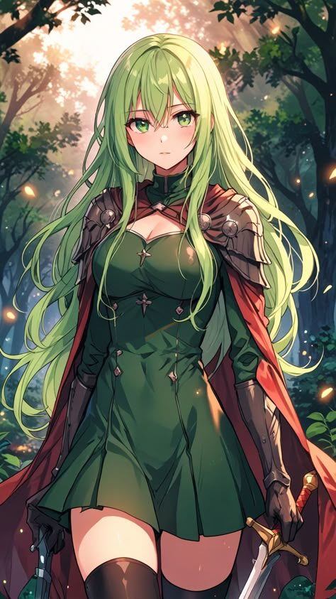 Pretty Anime Hair, Anime Oc Female Green Hair, Green Hair Fantasy Art, Green Hair Anime Female, Anime Female Green Hair, Green Hair Female, Green Anime Characters, Green Hair Anime Woman, Anime Elf Woman