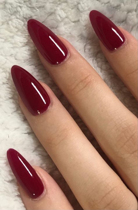 Acrylic Nails Ideas Long Almond, Cherry Red Nails Acrylic Almond, Crimson Red Almond Nails, Acrylic Nails Deep Red, Red Nail Inspo Acrylic Almond, Witchy Red Nails, Almond Nails Cherry Red, Almond Cherry Red Nails, Red Nails Stiletto Almond