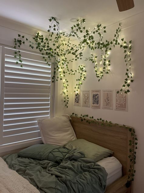 Fairy lights, sage green, bedding, shutters, vines, posters, french, bedroom, aesthetic, covers, tiktok