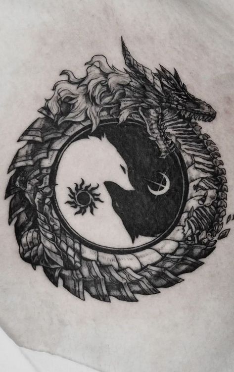 Nordic Serpent Tattoo, Nordic Inspired Tattoos, Skol And Hati Norse Tattoo, Dualism Tattoo, Skoll Hati Tattoo, Ouroboros Tattoo Design, Jormungandr Tattoo, Skull Couple Tattoo, Fenrir Tattoo