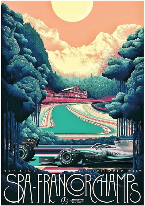 F1 Poster Design, Spa Poster, Mercedes Petronas, Vintage Racing Poster, Grand Prix Posters, Mercedes F1, Petronas F1, Motorsport Art, Belgian Grand Prix