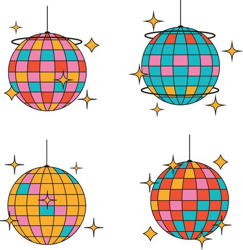 Disco Ball In Retro 1970s Style. Isolated On White Background. Vector Illustration Party Vector Illustration, Disco Illustration Graphic Design, Disco Illustration Art, 70s Illustration Graphics, Griting Card, Yearbook Backgrounds, 70s Clipart, Disco Ball Vector, Funk Aesthetic