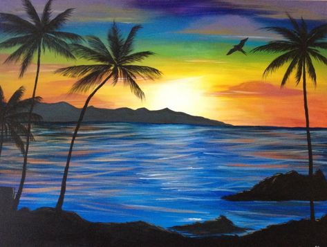 Hawaii Painting Easy, Hawaiian Art Painting, Hawaiian Painting, Hawaii Painting, Hawaii Landscape, Hawaii Aesthetic, Beach Drawing, Palm Trees Painting, Mail Boxes