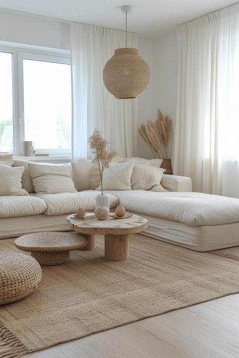 Clean Aesthetic Home Decor, Modern Boho Apartment Decor, Tulum Decor Inspiration Living Room, Modern Boho Minimalist Living Room, Serene Apartment Aesthetic, Boho Decorations Living Room, White Sofas Living Room Ideas, Clean Aesthetic House, Bali Living Room Ideas