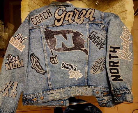 Cheer Coach Jean Jacket, Cheer Jean Jacket, Custom Jean Jacket, Hand Painted Denim Jacket, Painted Denim Jacket, Teaching Outfits, Football Game Outfit, Custom Jeans, Cheer Coaches