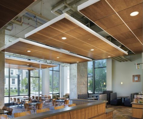 flat floating wood ceiling panels with view of ceiling above Floating Ceiling, Architecture Ceiling, Office Corporate, Office Ceiling, Armstrong Ceiling, Open Ceiling, Plafond Design, Ceiling System, Salon Suites