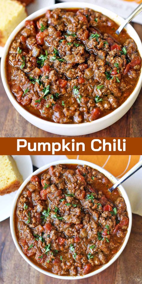 This pumpkin chili is so rich and flavorful! While you can't taste the pumpkin as a distinct flavor, it adds great texture and thickens the dish. Aip Pumpkin Chili, Chili With Pumpkin Puree, Pumpkin Diet Recipes, Pumpkin Chilli Recipe, Soup And Chili Recipes, Fall Chilli Recipes, Pumpkin Chili Crockpot, Pumpkin Meals, Chili With Stew Meat