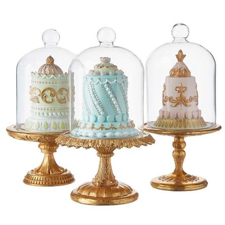 7.5" Victorian-Style Cake With Cloche on Gold Stand - 3 styles | Birthday Party Decor | Candy Land Decorations Rococo Aesthetic, Pastel Cakes, Blue Cakes, Sugar Cake, Glass Cloche, Glass Cakes, Pink Cupcakes, Candy Christmas Decorations, Pink Cake