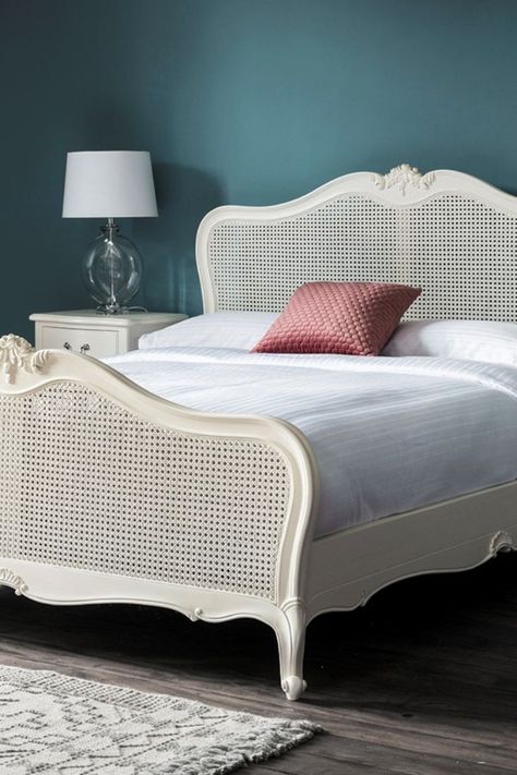 French Style Bed Frame, French Cane Furniture, Rattan Bed Frame Bedroom, Rattan Style Bedroom, Ratan Bedrooms Idea, Cane Bed Design, French Country Bed Frame, Cane Furniture Bedroom, Rattan Furniture Bedroom