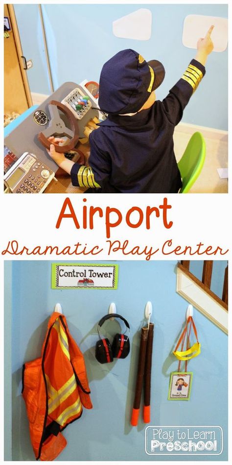 Airport Dramatic Play Center at Play to Learn Preschool Airport Dramatic Play, Play To Learn Preschool, Dramatic Play Themes, Dramatic Play Center, Role Play Areas, Transportation Preschool, Dramatic Play Preschool, Dramatic Play Area, Preschool Centers