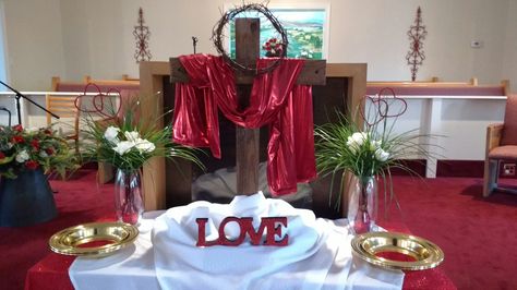 Red church altarscape for Valentine's Day. Valentine’s Day Church Decor, Valentines Day Decorations For Church, Valentine Decor For Church, Valentines Day Church Decorations, February Church Decorations, Church Valentine Decorations, Valentines Church Decor, Valentine Church Decorations, Valentine Decorations For Church