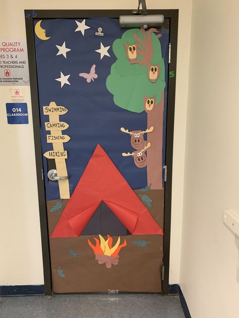 Camping Doors For Classroom, Camping Theme Classroom Door Decorating Ideas, Camp Out With A Good Book Bulletin Board, Camping Theme Hallway Decorations, Camp Door Decorations Classroom, Diy Classroom Tent, Camp Theme Classroom Door, Classroom Door Camping Theme, Forest Door Decorations Classroom