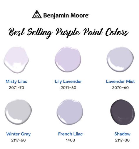 Benjamin Moore Best-Selling Purple Paint Colors - Interiors By Color Benjamin Moore Purples, Benjamin Moore Misty Lilac, Benjamin Moore Lavender Mist, Benjamin Moore Lavender Paint, Lavender Mist Benjamin Moore, French Lilac Benjamin Moore, Lily Lavender Benjamin Moore, Iced Mauve Benjamin Moore, Light Lilac Paint Color