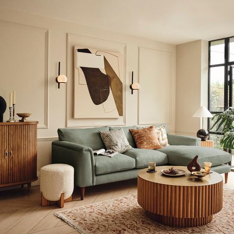 Everything you need to consider when planning a living room layout - Soho Home Washable Sofa Living Rooms, Midcentury Living Room Design, Desert Color Palette Living Room, Olive Couch Living Room Ideas, Verellen Furniture, Midcentury Modern Apartment, Modern Mediterranean Living Room, Navy Sofa Living Room, Blue Couch Living