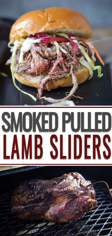 Smoked Pulled Lamb Sliders. Lamb Shoulder slow smoked to perfection, then tenderly pulled for incredible pulled lamb sliders. #smokedlamb #lambrecipes #lambshoulder #vindulge Smoked Lamb Shoulder, Rosemary Aioli, Best Bbq Food, Lamb Sandwich, Lamb Sliders, Pulled Lamb, Bbq Food Ideas, Smoked Lamb, Best Bbq Recipes