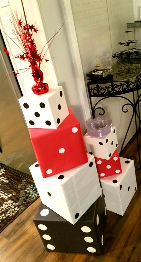 Casino Party idea - cardboard boxes covered with red and white paper, with black paper dots! party decorations - DIY giant dice - red and white Diy Casino Party Decorations, Diy Casino Theme Party Decorations, Vegas Decorations Party, Red Black And White Party Ideas, Casino Decorations Diy, 80th Birthday Party Decorations Diy, Red Black And White Themed Party, Casino Party Decorations Diy, Dice Party Decorations