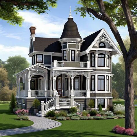 Victorian Home Floor Plan, Queen Anne House Plans Layout, Victorian Style Tiny House, Victorian Exterior House, Victorian Homes Layout, Victorian Houses Exterior, Small Victorian Homes Floor Plans, Simple Victorian House, Modern Victorian House Exterior