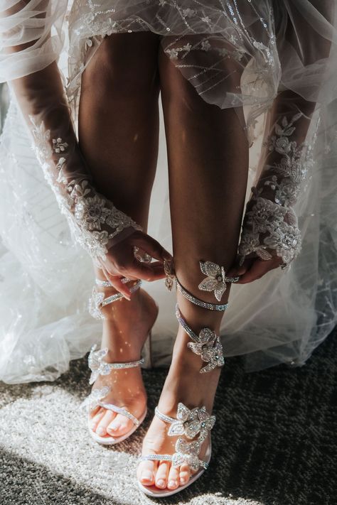 Wedding Heels Butterfly, Dream Wedding Heels, Wedding Shoes Butterfly, White Butterfly Wedding Dress, Butterfly Themed Wedding Dress, Butterfly Wedding Shoes, Butterfly Wedding Dresses, Wedding Butterfly Theme, Brides Shoes Wedding