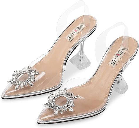 Amazon.com | wetkiss Women's Clear Heels Shoes, Transparent PVC Crystal Rhinestones Slingback Wedding Pointed Toe High Heel Sandals for Women Ladies Female -Sliver Sunflower 3.94" | Heeled Sandals Sparkly Wedding Heels, Silver Open Toe Heels, Clear Heel Shoes, Silver Rhinestone Heels, Transparent Heels, Closed Toe Heels, Ankle Strap Block Heel, Fun Heels, Sparkly Heels