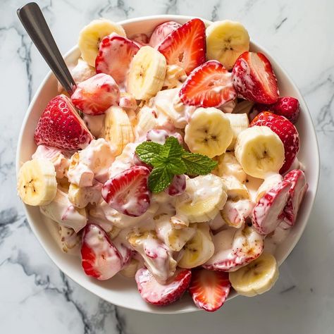 Strawberry And Banana Salad, Banana And Strawberry Recipes, Strawberry Banana Salad Recipe, Creamy Strawberry Banana Salad, Strawberry Banana Salad, Strawberry Banana Sour Cream Jello Salad, Apple Banana Orange Fruit Salad, Strawberry Salads, Fruit Salad With Cream