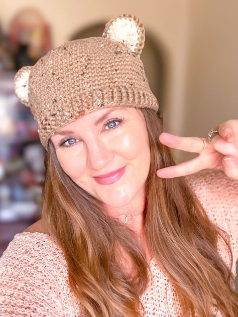 Crochet Bear Beanie Pattern (Easy, Quick & Fun DIY Pattern! Full video tutorial and how to instructions on sizing to get the perfect fit! Bear Ear Beanie Crochet, Crochet Bear Hat Pattern Free, Bear Beanie Crochet, Crochet Bear Beanie, Bear Hat Pattern, Crochet Bear Hat, Beanie Pattern Free, Beanie Bears, Gold Crochet