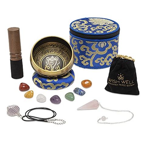 Wish Well Tibetan Singing Bowl Set ~ 4" Sound Bowl with 7 Chakra Crystal Stones, Rose Quartz Pendulum, Fabric Case, Cushion, & Mallet ~ Perfect For Meditation, Yoga, Spiritual Healing, & Mindfulness Smudging Prayer, Meditation Bowl, Yoga Spiritual, Hand Percussion, Meditation Accessories, Spiritual Yoga, Sound Bath, Tibetan Singing Bowls, Singing Bowl