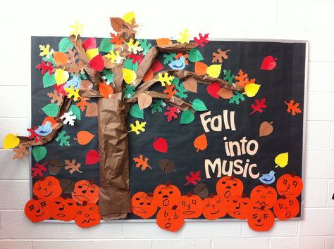 Fall into Music bulletin board for your music classroom Elementary Music Bulletin Board Ideas, Fall Classroom Bulletin Boards, Music Bulletin Board Ideas, Music Classroom Bulletin Boards, Autumn Music, Music Decorations, Office Boards, Music Bulletin Board, Elementary Music Room