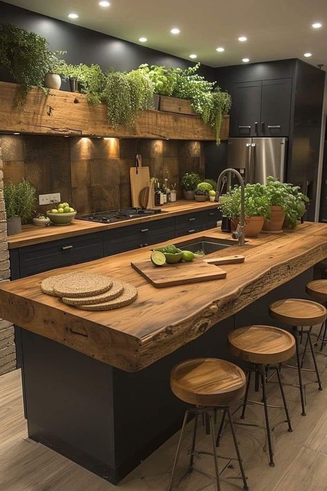 Rustic House Design Ideas, Modern Kitchen With Wood Cabinets, Cabin Kitchen Design Ideas, White Cabinets With Wood Countertops, Wood Bar Design, Kitchen Ideas Natural, Log Home Kitchen Ideas, Wooden House Interior Design, Earthy Kitchen Ideas