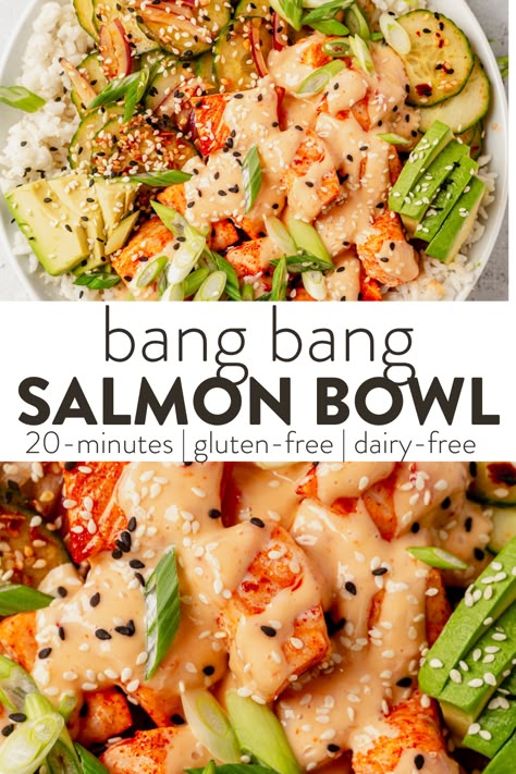 Bang Bang Salmon is the perfect weeknight dinner option when you need something quick and delicious that the whole family will love. Cook the salmon in 10-12 minutes for a quick weeknight dinner or meal prep them for lunches the next day. Salmon Salad Bowls Healthy, Sushi Bowl With Salmon, Salmon Bang Bang Bowl, Whole 30 Salmon Bowl, Salmon Sushi Bowls Healthy, Baked Salmon Meal Prep, Airfry Salmon Bowl, Salmon Bowl Marinade, Salmon Poke Bowl Ideas